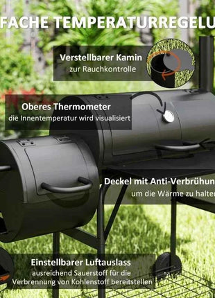 Charcoal grill made of steel, BBQ smoker with lid, charcoal grill trolley for barbecue, camping, garden 109 x 60 x 120 cm