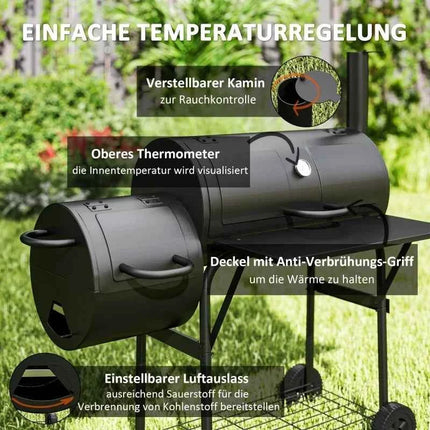 Charcoal grill made of steel, BBQ smoker with lid, charcoal grill trolley for barbecue, camping, garden 109 x 60 x 120 cm