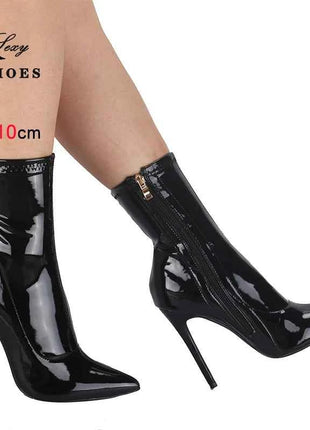 10 centimetri 12 CENTIMETRI Donne Sexy Stivaletti Cerniera Tacchi Sottili Stivale Corto Lucido In Pelle Verniciata Tacchi Alti Scarpe Da Ufficio Donna Bota Feminina