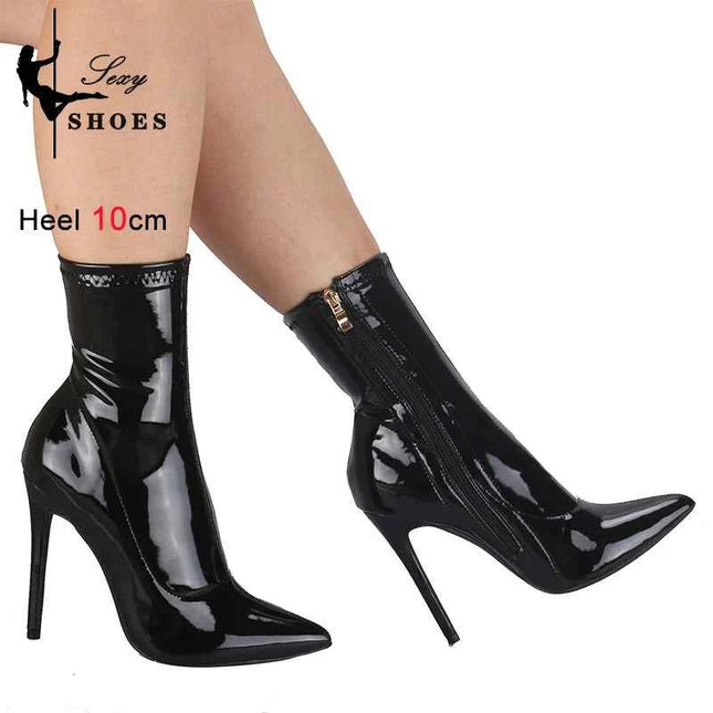 10 centimetri 12 CENTIMETRI Donne Sexy Stivaletti Cerniera Tacchi Sottili Stivale Corto Lucido In Pelle Verniciata Tacchi Alti Scarpe Da Ufficio Donna Bota Feminina