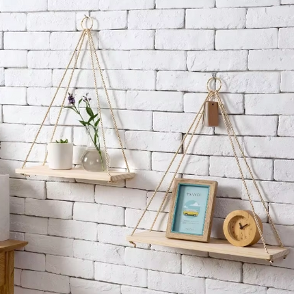 Wall decoration hanging rope storage rack Flower pot storage rack hanging wooden decoration hanging basket