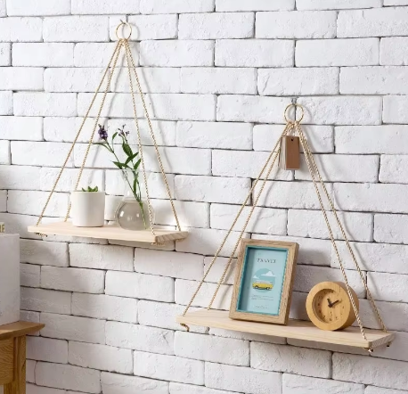 Wall decoration hanging rope storage rack Flower pot storage rack hanging wooden decoration hanging basket